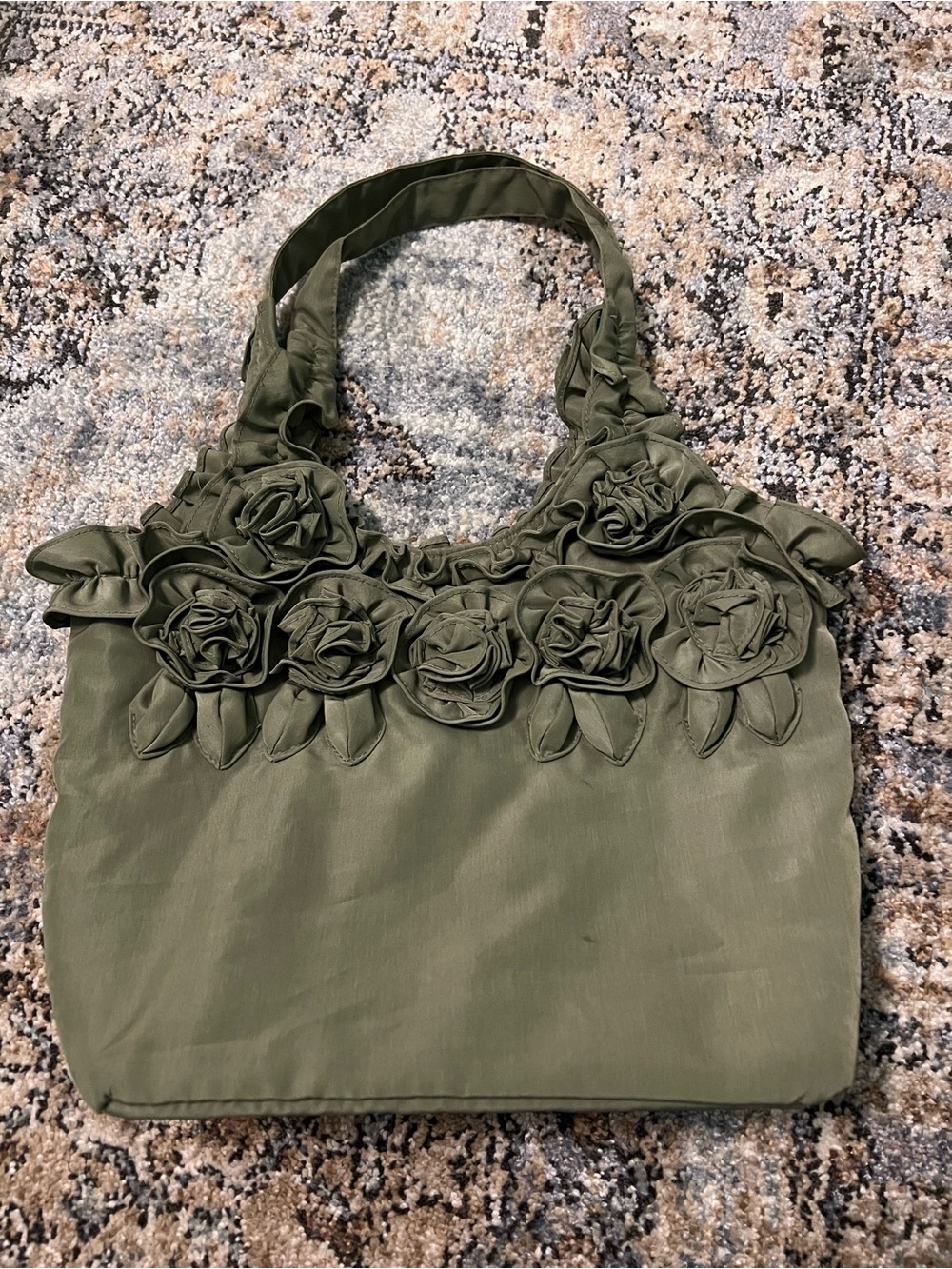 Olive Green Floral Applique Shoulder Bag